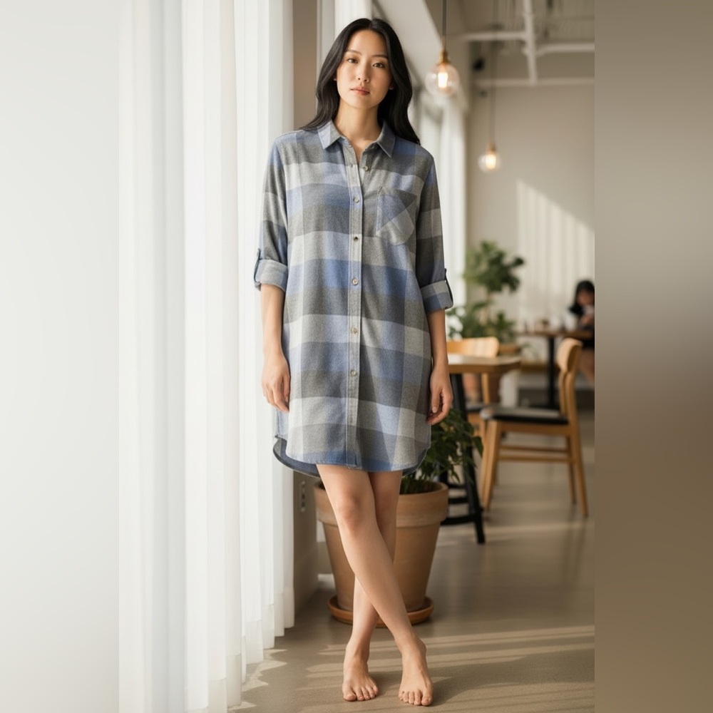 Plaid Button-Down Tunic Shirt